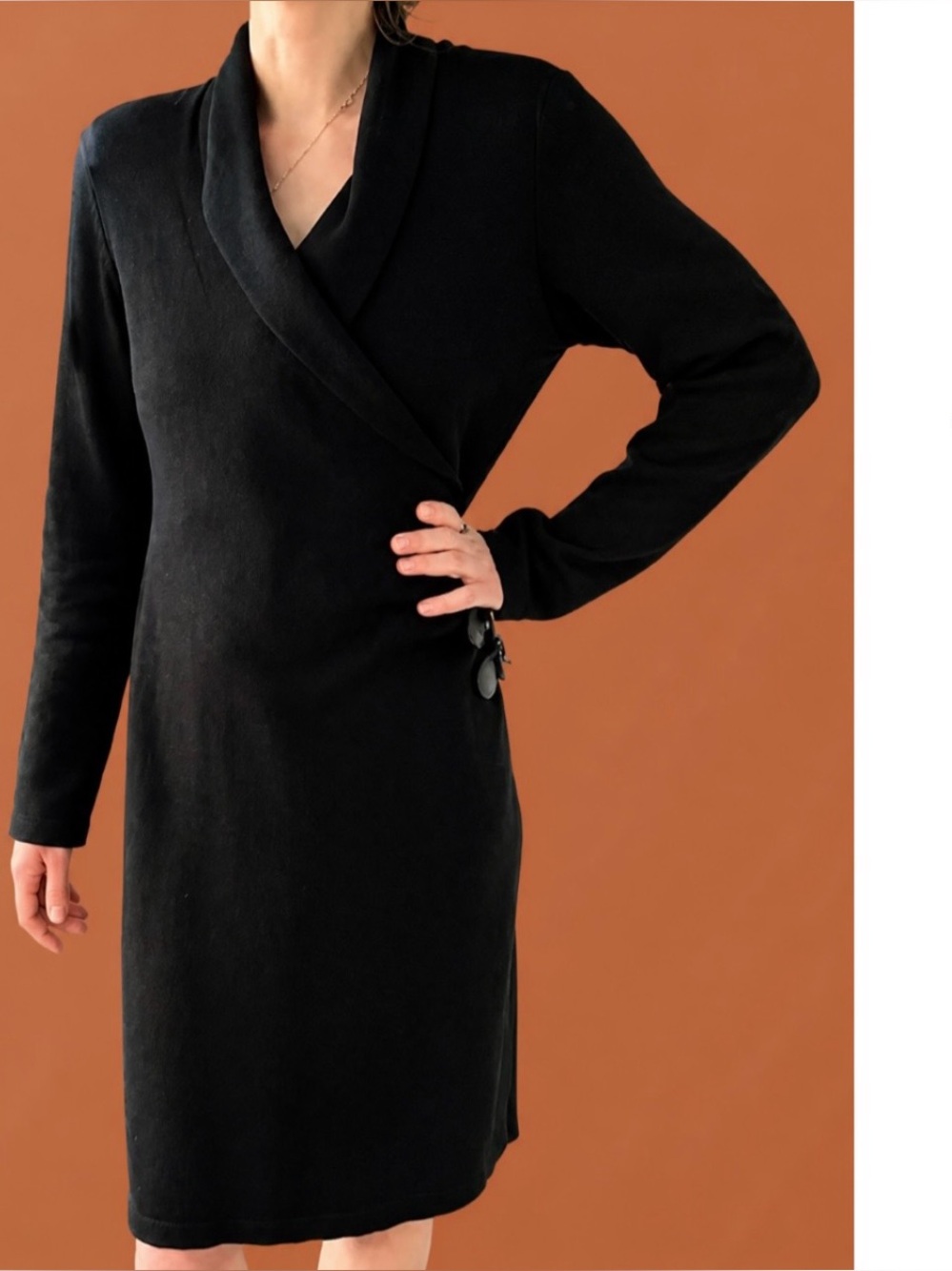 Vintage 90s Black Dress  Asymmetrical Faux Wrap Buckle Minimalist• Evan Picone